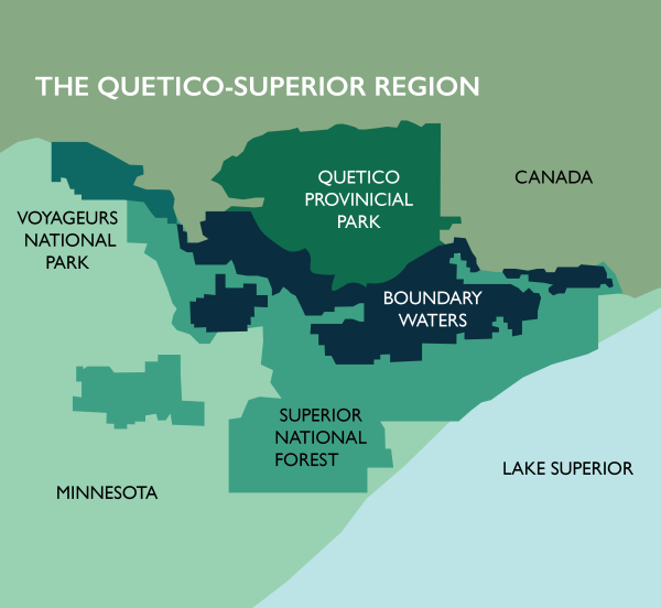 Map of Boundary Waters Canoe Area Wilderness and greater Quetico-Superior Ecosystem, which includes the Superior National Forest, Voyageurs National Park, and Canada’s Quetico Provincial park. 