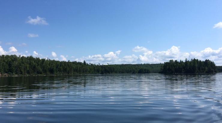 Photo of Boundary Waters with blue sky, blue water, and a tree silhouette sky line