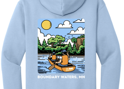 Light blue hoodies with Boundary Waters graphic with canoe on it. 