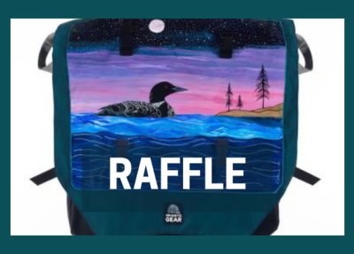raffle text over painted portage pack (loon and a sunset)