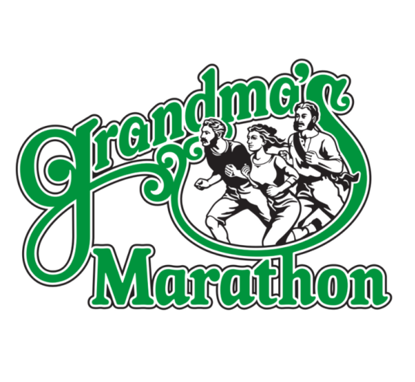 Grandma's Marathon Logo. green text. runners silhouettes 