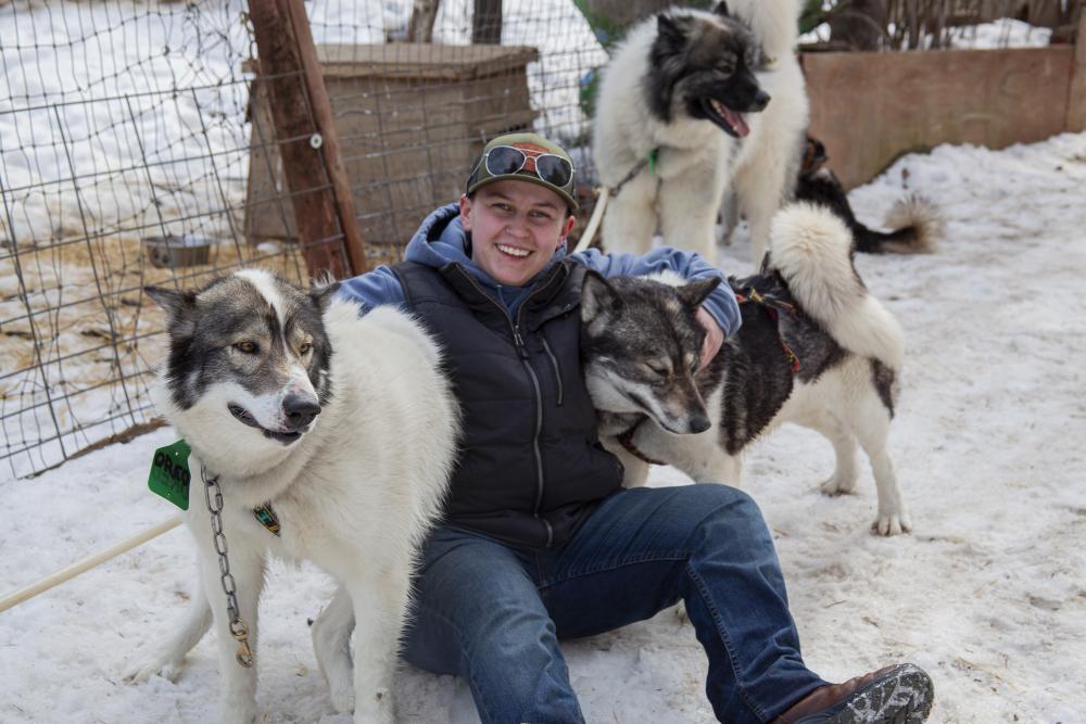 Person sandwiched between two dogs.