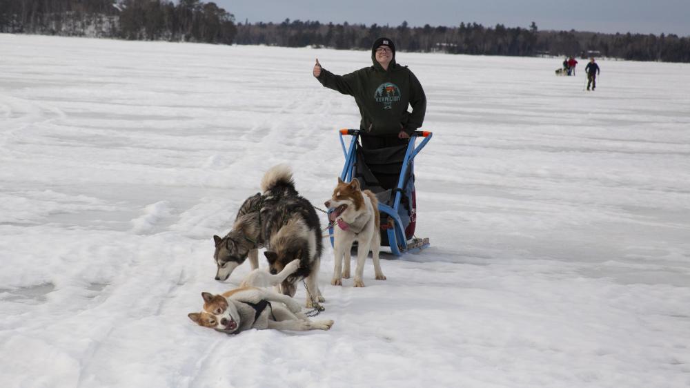 A dog rolls in the snow, a person gives a thumbs up