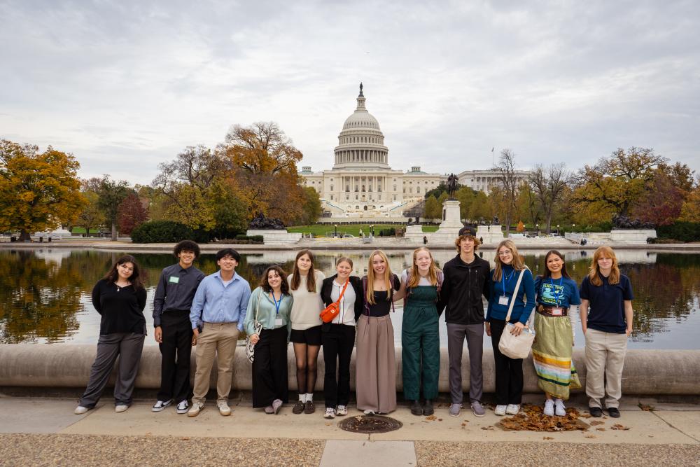 Kids in front of Capitol pond