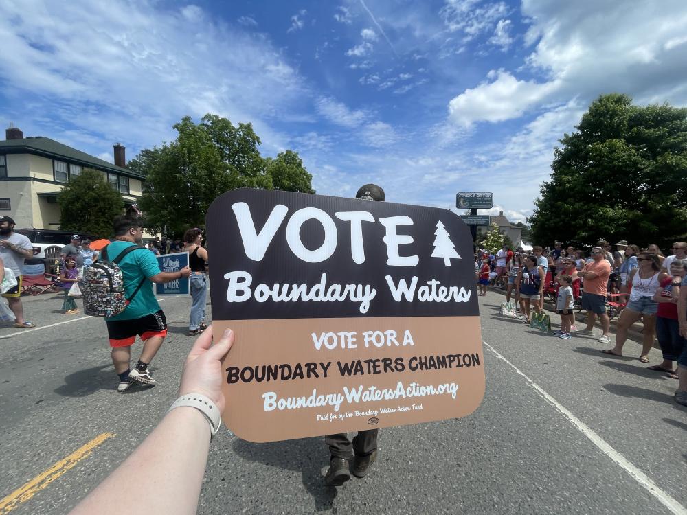 Vote Boundary Waters sign in Parade