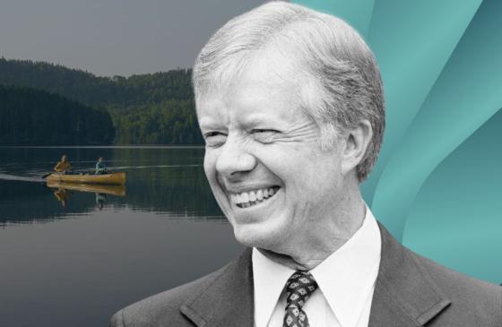 Jimmy Carter with Boundary Waters image and blue graphic behind him