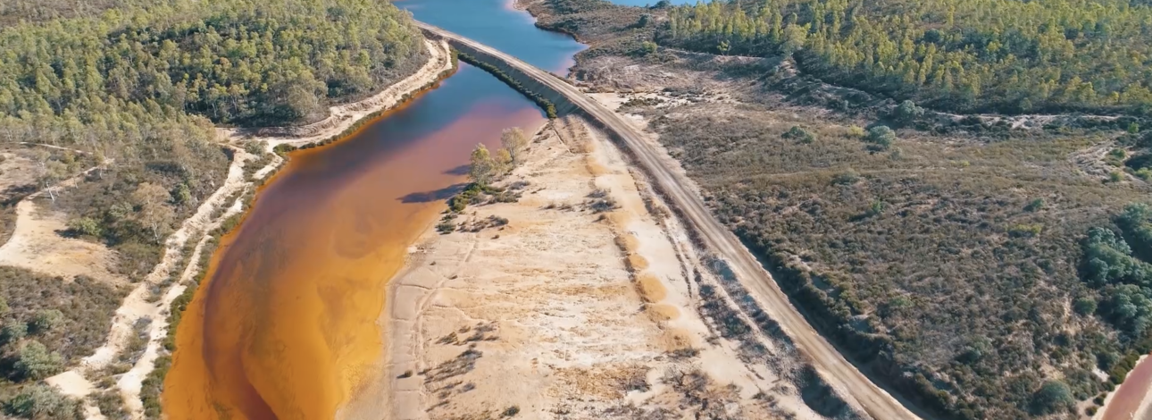 Pollution along a lake - aerial photo. 